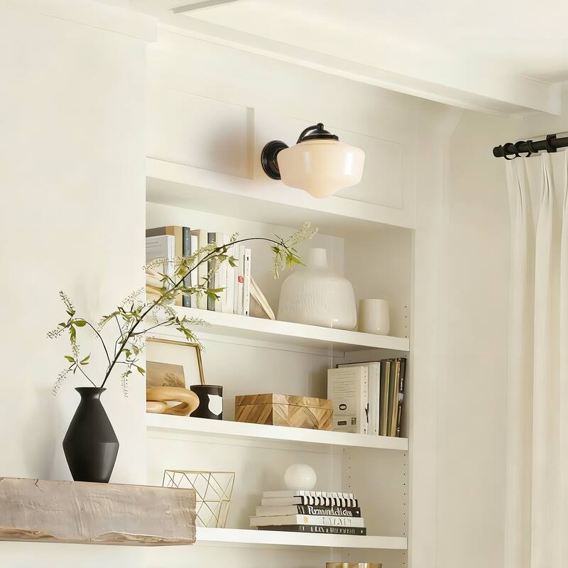 9.8 in. 1-Light Matte Black/Gold Dimmable Wall Sconce With White SchoolHouse Glass