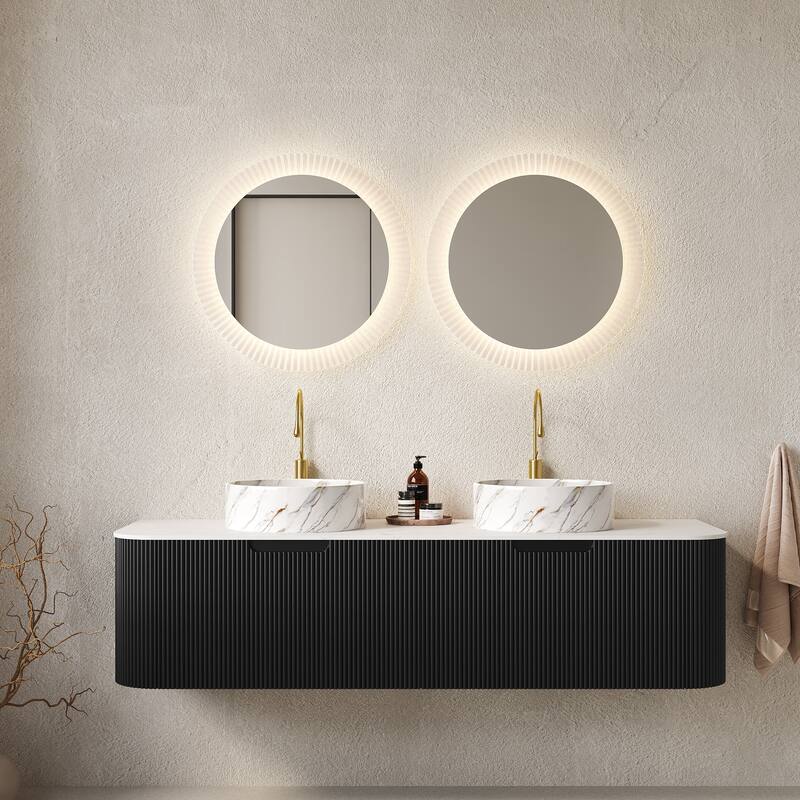 GDFStudio - Dina 60" Curved Edges Striped Bathroom Vanity with 2 White Stone Ceramic Basins, 2 Drawers, NO Faucet