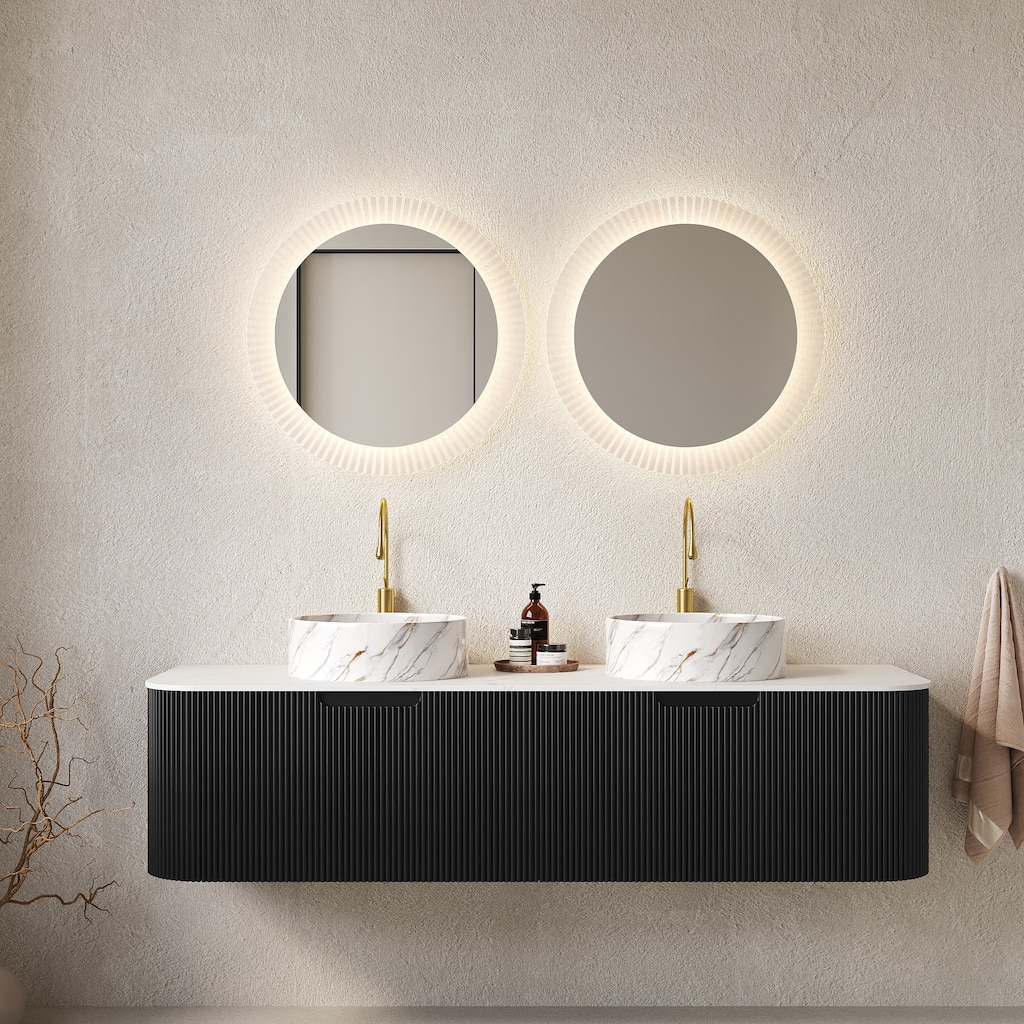 GDFStudio - Dina 60" Curved Edges Striped Bathroom Vanity with 2 White Stone Ceramic Basins, 2 Drawers, NO Faucet