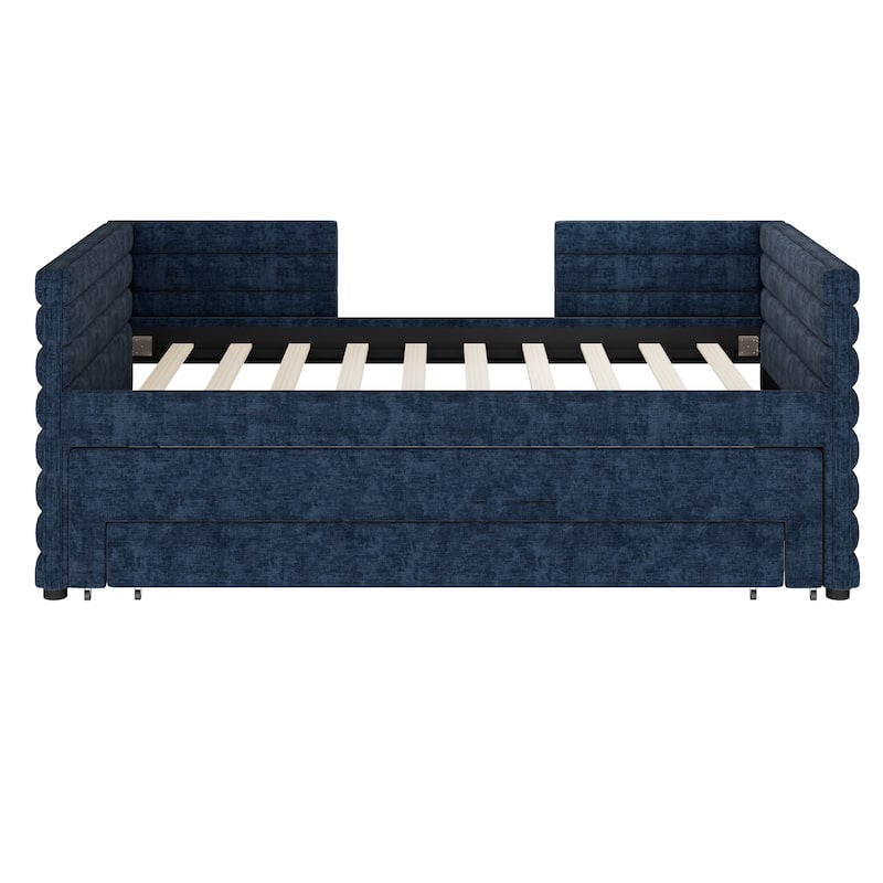 Twin Size Upholstered Daybed Short-haired Linen Fabric L-shape Sofa Bed Frame with Pull-out Trundle Bed and 3 Storage Drawers