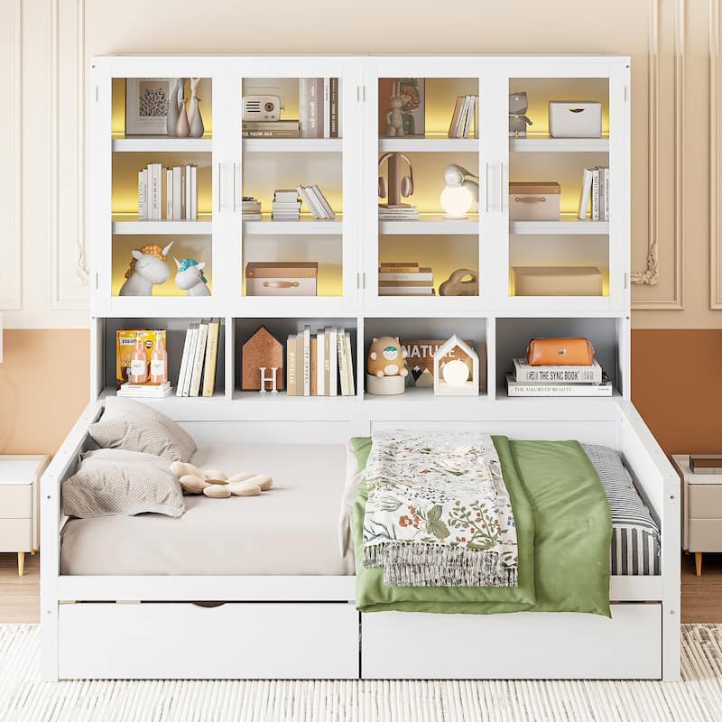 Full Size Solid Wood Storage Bed Frame with 2 Big Drawers Full Size Daybed with Glass-Door Storage Cabinets - White