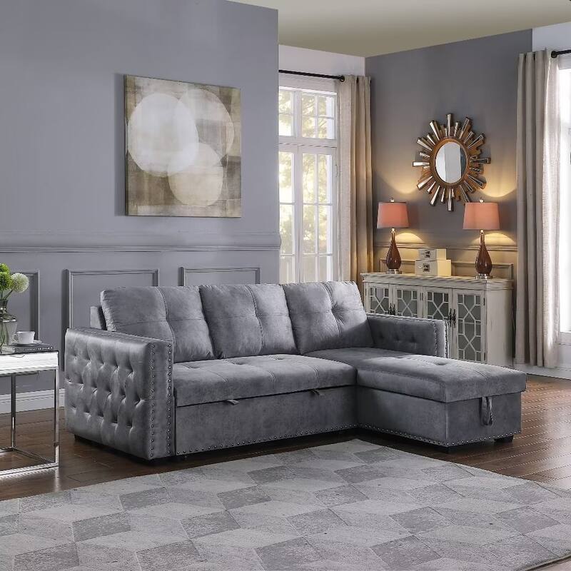 Morden Fort Reversible L-Shaped Sofa Bed with Storage - Velvet Upholstery, Button Tufting, and Nailhead Trim