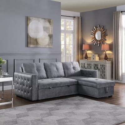Morden Fort Reversible L-Shaped Sofa Bed with Storage - Velvet Upholstery, Button Tufting, and Nailhead Trim