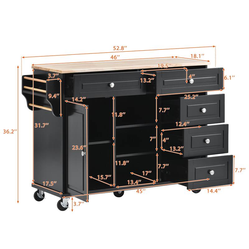 Roomfitters Kitchen Cart with Rubber wood Desktop - Rolling Mobile Kitchen Island with Storage and 5 Drawers, 53 Inch Length
