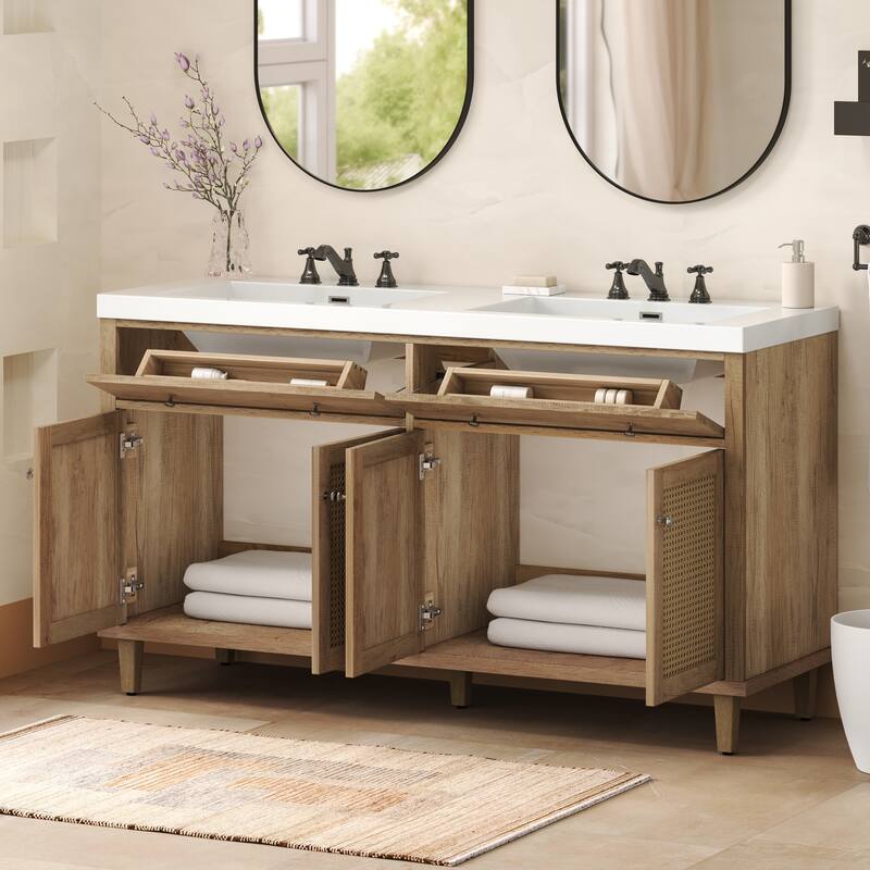 60 Inch Bathroom Vanity with Double Sink, Large Storage Space with 2 Tip-Out Trays / Flip-Out Drawers
