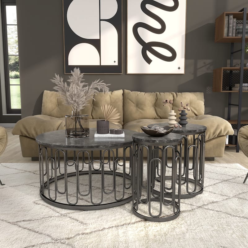 Lars Modern 3-Piece Round Table Set with Marble Top, Sturdy Decorative Metal Base by Furniture of America