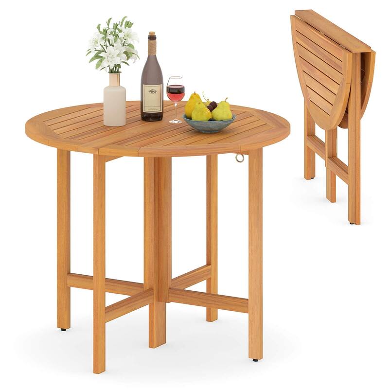 Costway 36" Outdoor Folding Round Dining Table with Slatted Tabletop - Teak - See Details - Teak - See Details