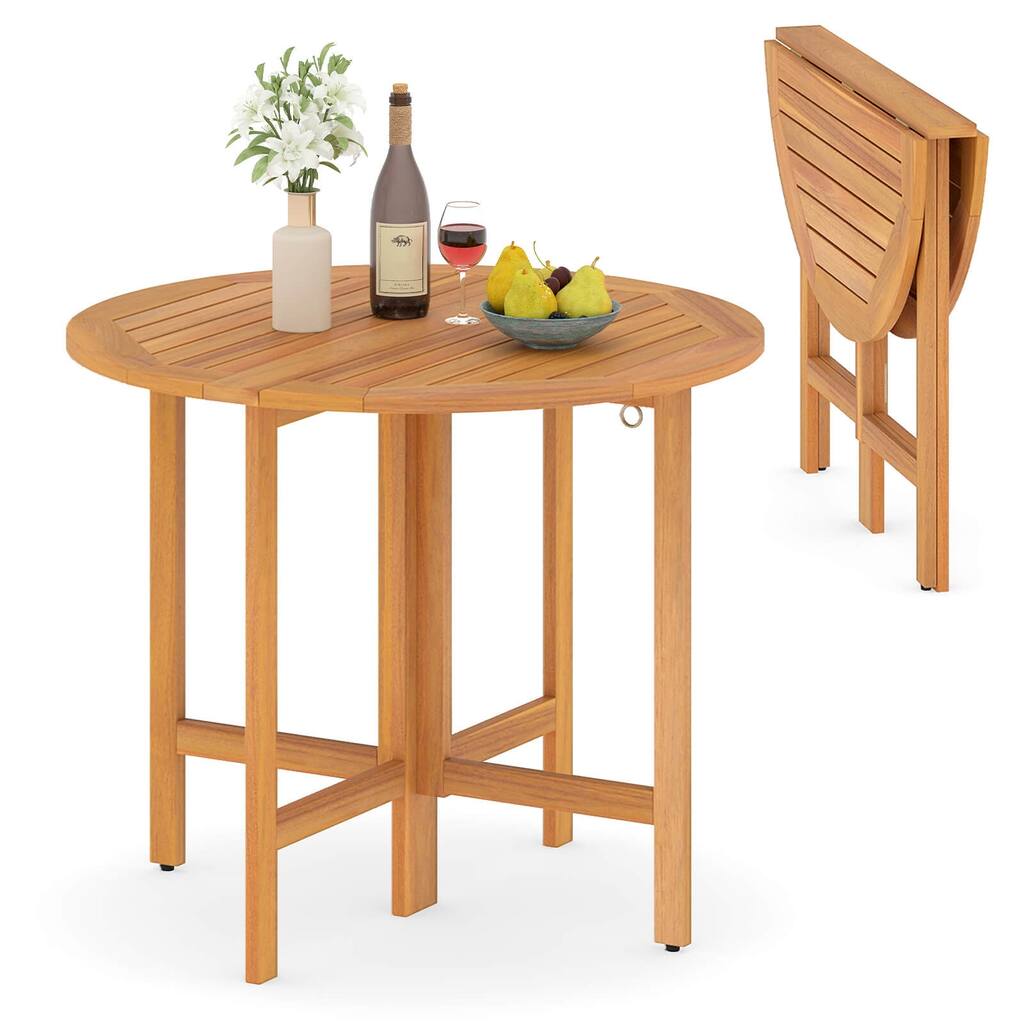 Costway 36" Outdoor Folding Round Dining Table with Slatted Tabletop - Teak - See Details