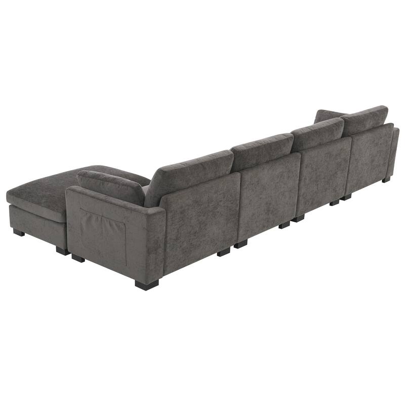 L-Shape Sectional Sofa with Folding Table, Dual-Port Charging, Side Pockets, 2 Pillows, Movable Ottoman, Chenille Modular Sofa