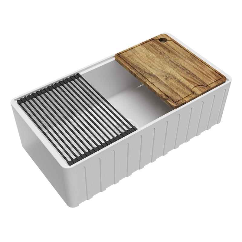 Karran 33" Single Bowl Workstation Fireclay Kitchen Sink with Reversible Fluted Apron Front