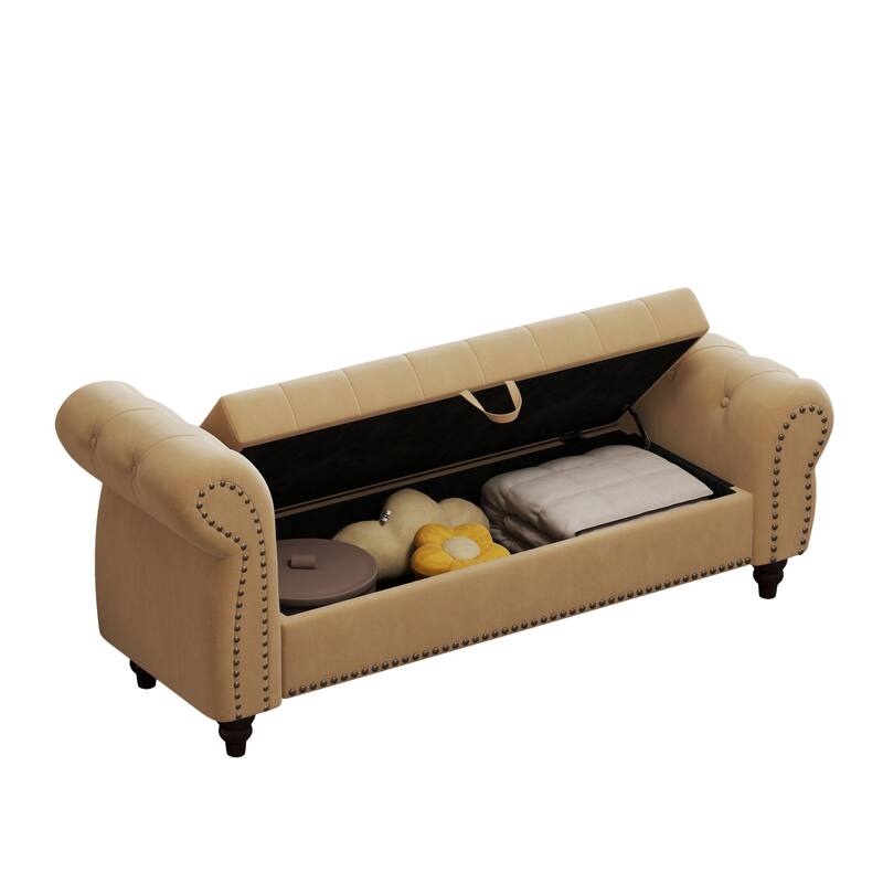 64.5" Bench for Bed Room Nails Tufted Chaise of Lounge with Storage Velvet Upholstery Khaki