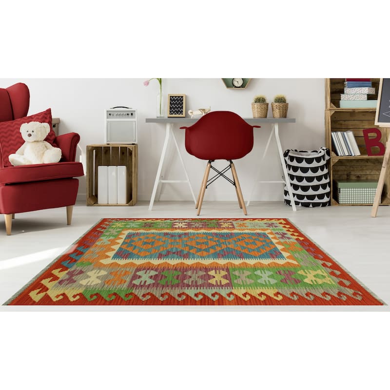 Hand-Woven Sangat Kilim Rickie Rust/Purple Rug - 3'6" x 4'11"