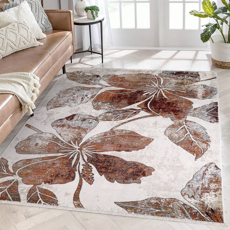 Anna Collection Floral Beige/Red/Grey Area Rug