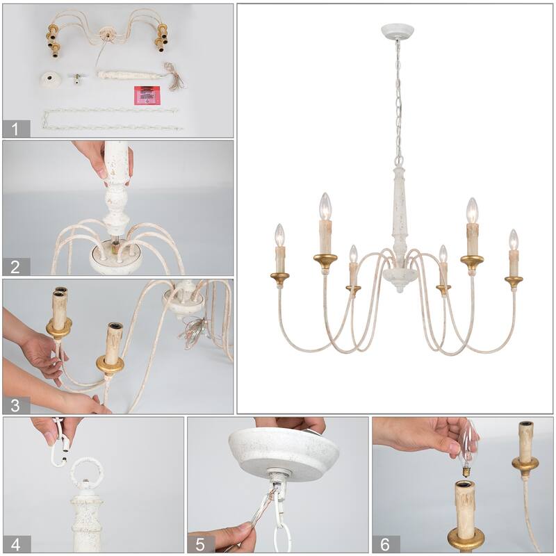 Modern Farmhouse Candle 6-Light Wheel Chandelier Wood French Country Dining Room Lighting - D30.5" x H25.5"