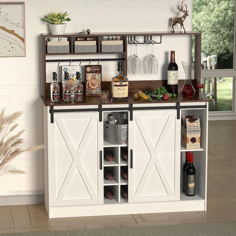 Coffee Bar Cabinet, 47'' Sideboard Buffet Cabinet with 20-color LED Lights and 6.5FT Outlet