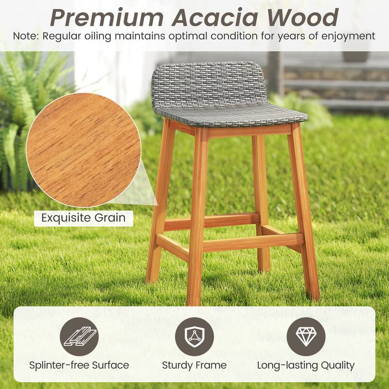 Gymax Solid Acacia Wood Bar Stools Set of 2 Rattan Bar Height Patio