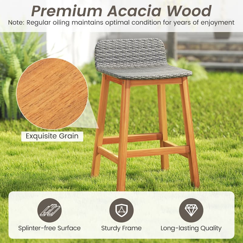 Gymax Solid Acacia Wood Bar Stools Set of 4 Rattan Bar Height Patio