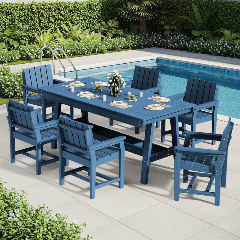 7-Piece HDPE Outdoor & Indoor Dining Set, Rectangular 67.91in W Table with Umbrella Hole and 6 Chairs Set of 7, Wood-Look Finish