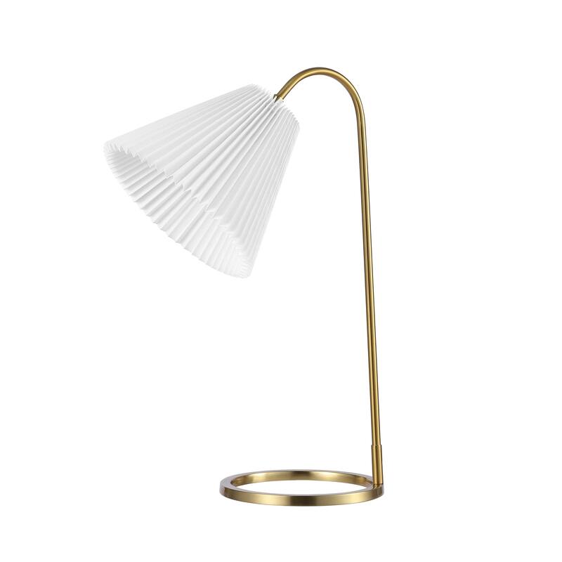 Devon 22" Modern Glam Metal Arc Adjustable Head LED Table Lamp with Pleated Shade, Brass Gold/White, by JONATHAN Y