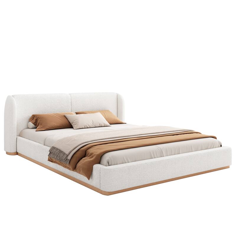 Upholstered Bed Frame with Wingback Headboard/Soft Pack Platform Bed Frame/Solid Wood Base/No Box Spring Needed/Noise-Free/White