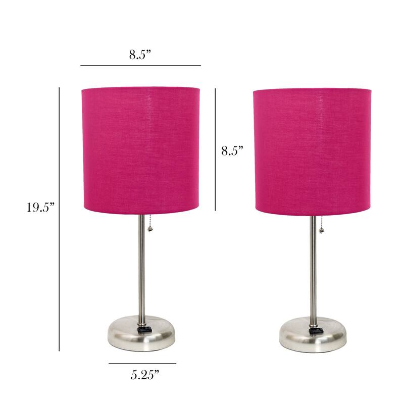 19.5 in. Brushed Steel Finish Table Lamp with Pink Shade, Desk Lamp for Writing and Computer Desks, Set of 2