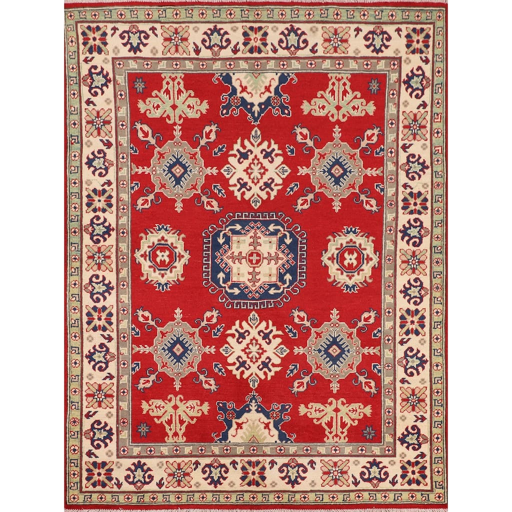 Traditional Red Kazak Area Rug Hand-Knotted Oriental Wool Carpet - 4'11" x 6'4"