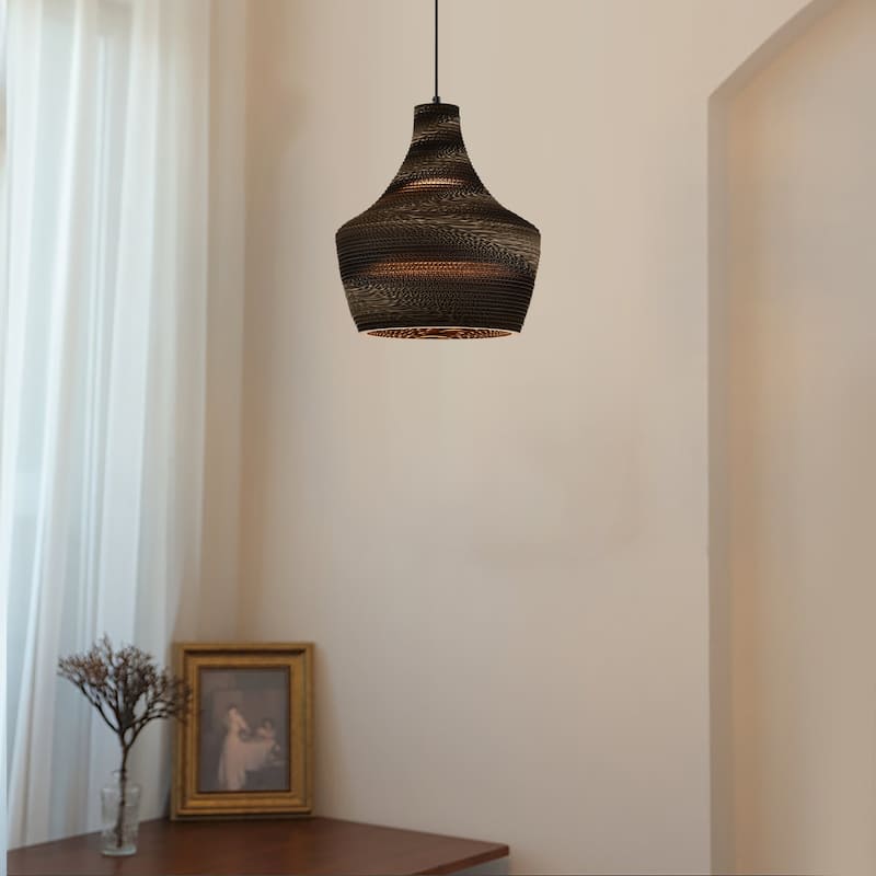 1-light Brown Natural Pendant Light With Nordic Style Corrugated Cardboard Shade