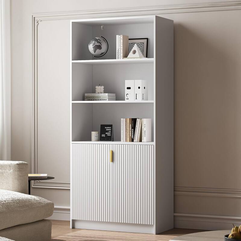 70.8 Inch Modern Display Cabinet Fluted Doors Gold Handle Bookcase Living Room Office