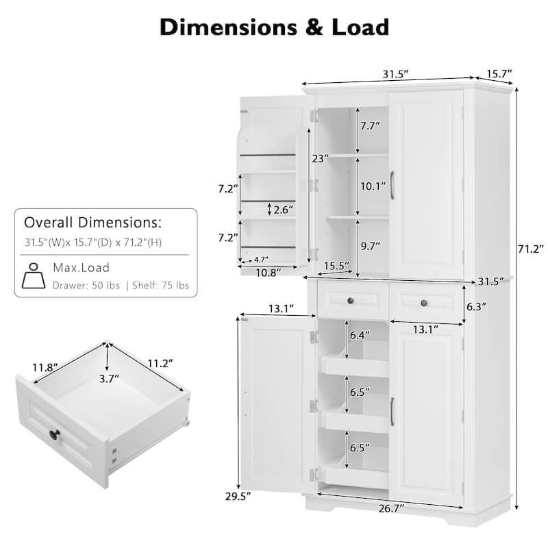 71" Tall Kitchen Pantry Storage Cabinet with Pull Out Cabinet Organizers for Kitchen