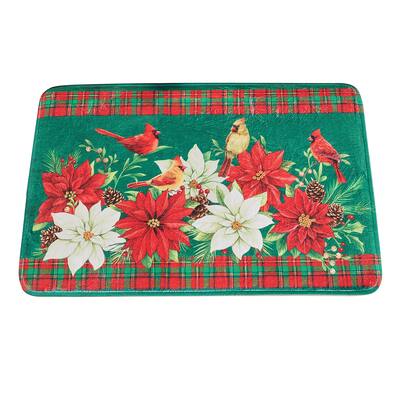 Poinsettia & Cardinal Plaid Border Holiday Bath Mat