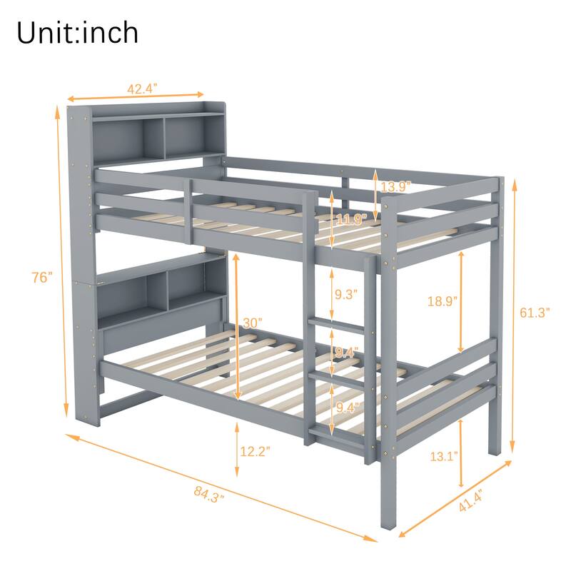 Twin Over Twin Bunk Bed with Shelves Headboard, Solid Rubber Wood Frame with Guardrails, Ladder, and Convertible Design