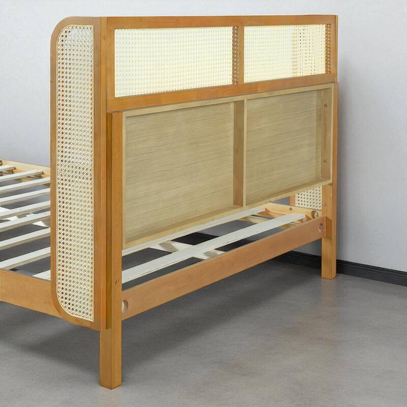 Queen/King Rubber Wood Platform Bed Frame with Headboard, Mid-Century Modern Solid Wood Bed in Natural Finish