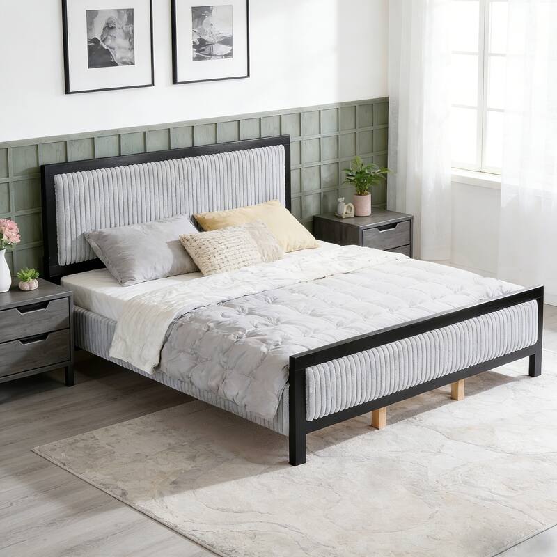 Roomfitters Upholstered Platform Bed Frame with Plush Cloud-Like Headboard and Solid Wood Slats, Grey and Black