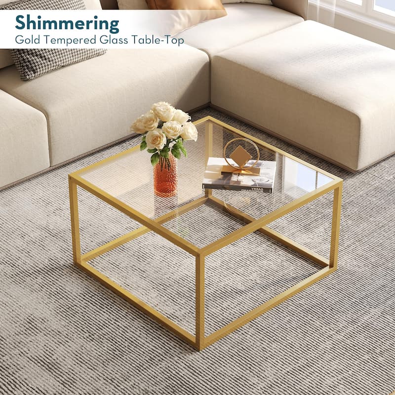 Coffee Table Glass Modern Coffee Tables for Small Space Simple Square Center Table, 26.7 x 26.7 x 15.7