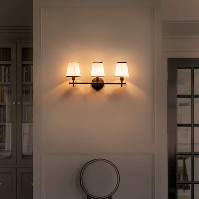3-Light Matte Black Metal Wall Sconce Ribbed Fabric Shade Traditional
