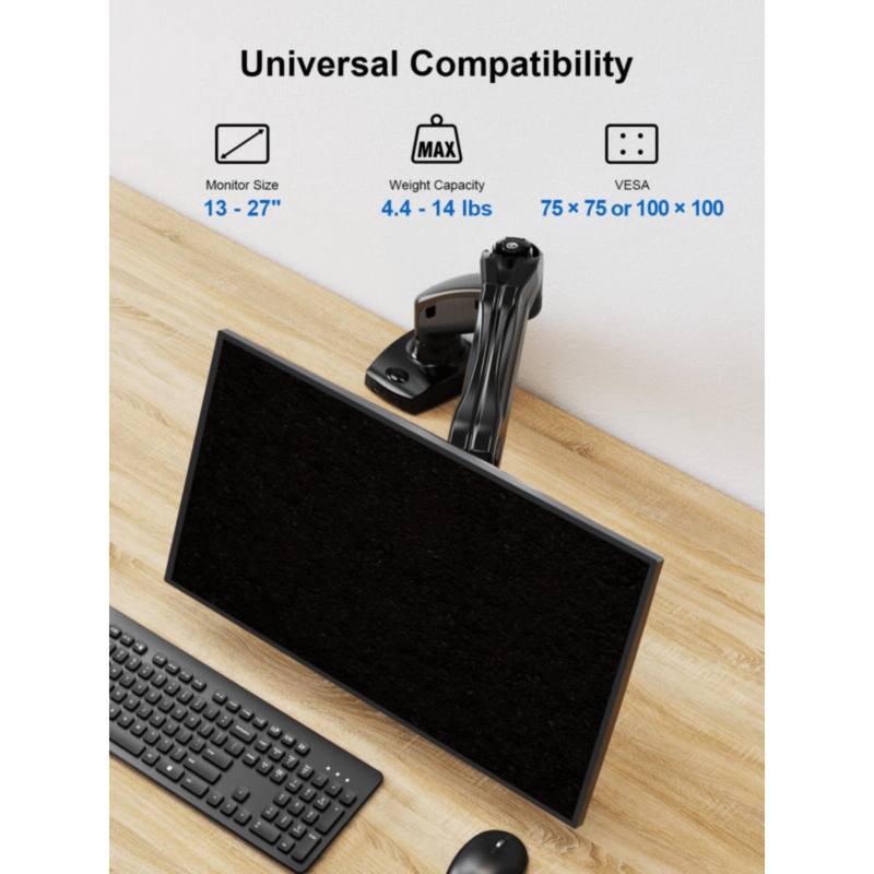 ErgoAV Gas Spring Desk Mount for Single Monitors 13" to 27"