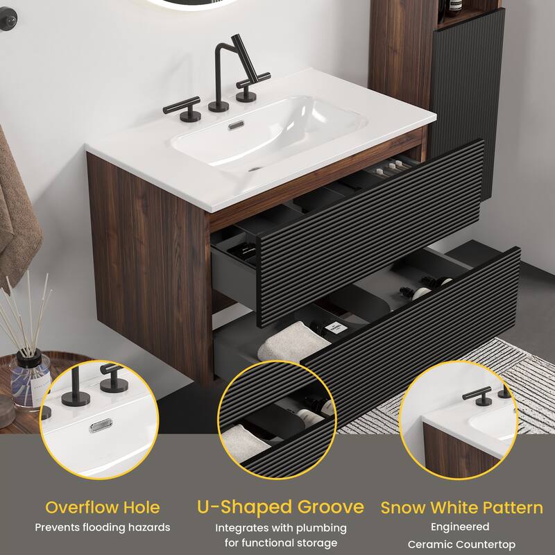 30" Wall Mounted Soft Black & Walnut Bathroom Vanity with Integrated Ceramic Sink with 3 holes