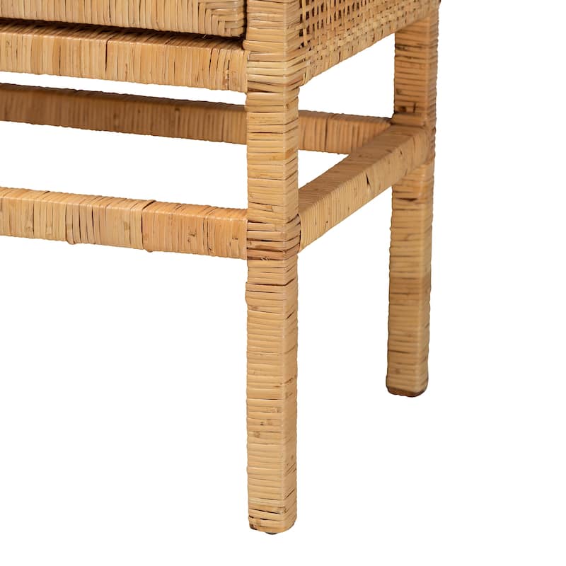 Vivan Modern Bohemian Natural Brown Rattan and Mahogany Wood 3-Shelf Storage Cabinet