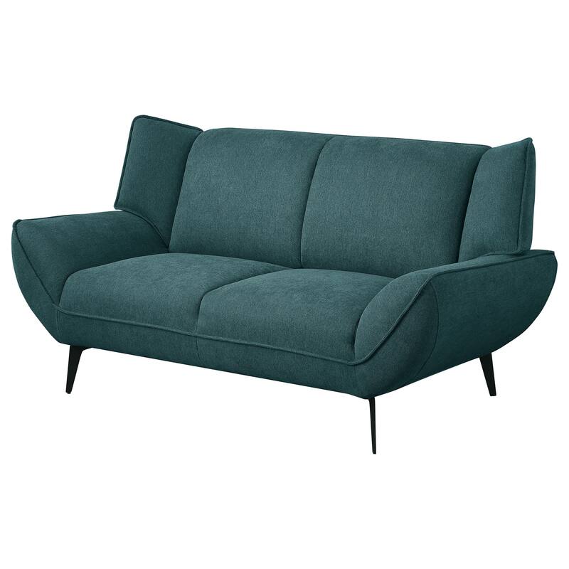 Toer 68 Inch Plush Loveseat, Flared Arms, Teal Blue Fabric, Black Metal