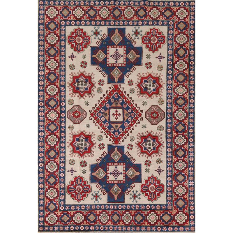Hand Knotted Oriental 100% Wool Carpet Traditional Geometric Beige & Ivories Kazak Area Rug - 9' 7'' X 6' 7''