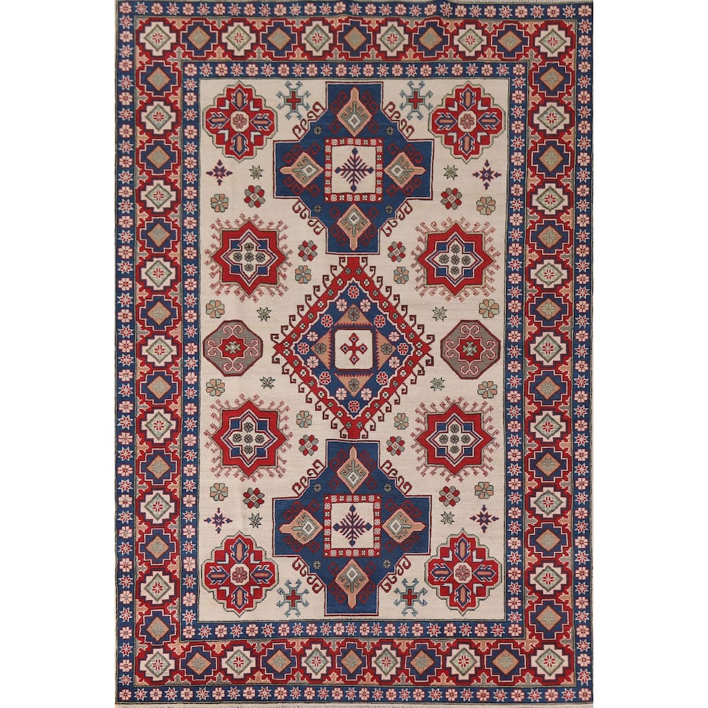 Hand Knotted Oriental 100% Wool Carpet Traditional Geometric Beige & Ivories Kazak Area Rug - 9' 7'' X 6' 7''