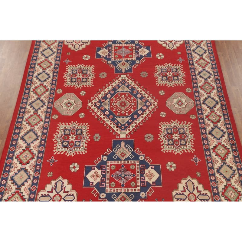 Geometric Kazak Oriental Area Rug Hand-Knotted Red Wool Carpet - 8'2"x 12'2"