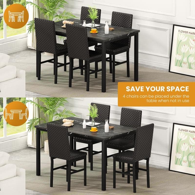 Grondin 5-Piece Dining Room Table Set with Faux Marble Table Top and Diamond Stitching Velvet Upholstery Dining Chairs