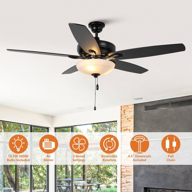 52" Black Dual Mounting Ceiling Fan with LED Light and Pull Chain