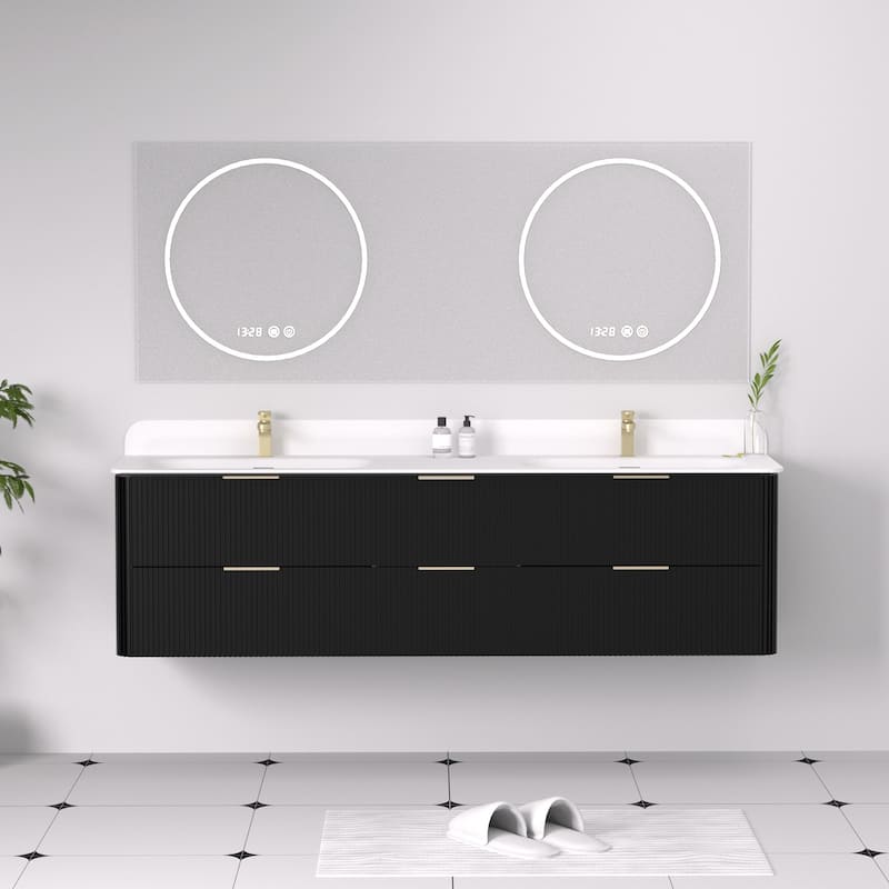 72" Floating Bathroom Vanity with Integrated countertop Rectangular Sink Solid Wood