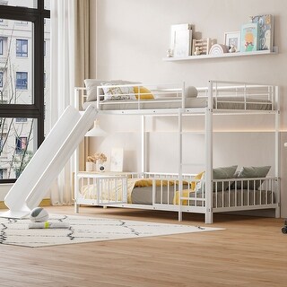 White Twin over Twin Size Metal Bunk Bed with Slide & Guardrails