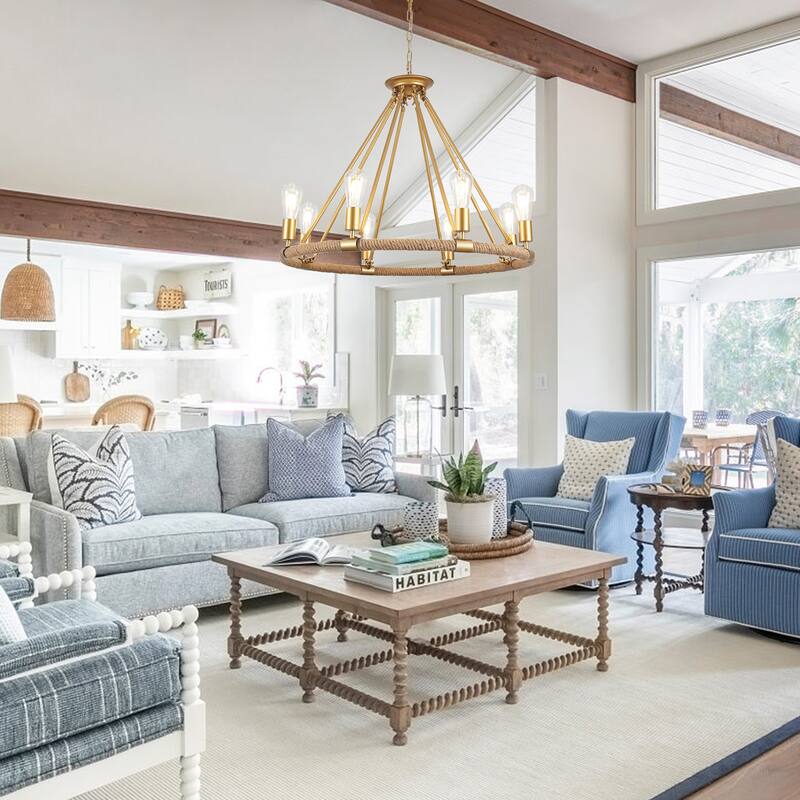 8-Light Classic Semi Flush Mount Chandelier, Farmhouse Modern Wagon Wheel Chandelier for Dining Room - W30.71"x H25.59"