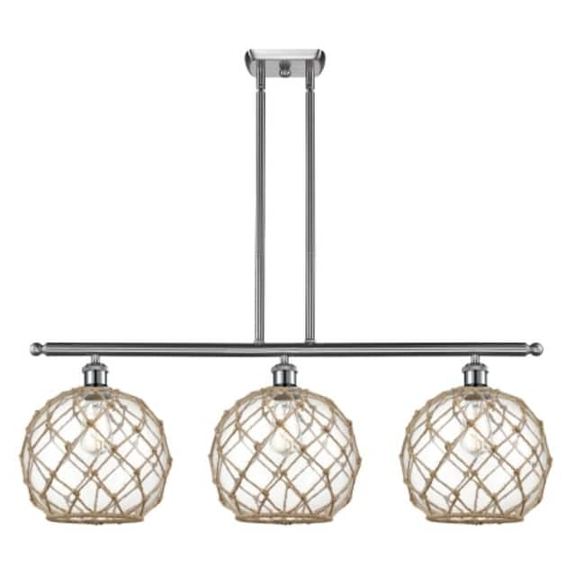 Innovations Lighting Large Farmhouse Rope 3 Light 36" Wide Linear - Brushed Satin Nickel / Clear Glass with Brown Rope