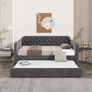 Twin Size Upholstered Daybed with Trundle and USB Charging Design, Velvet Upholstered Daybed Frame