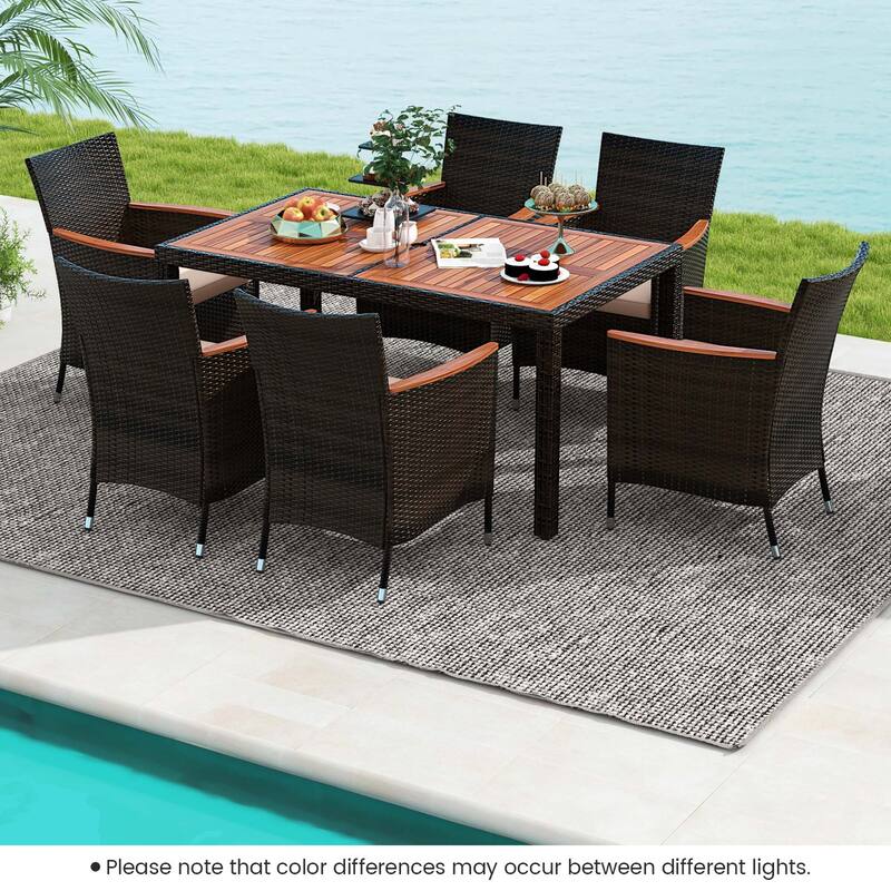 Costway 7 Pieces Outdoor Wicker Dining Set with Acacia Wood Table and - See Details